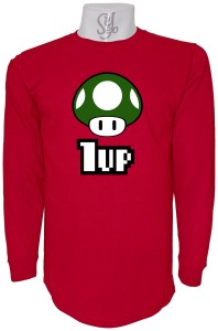 Polera De Hombre Manga Larga Mario Bros 1UP, una vida